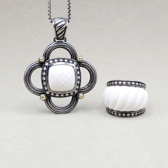 David Yurman Renaissance White Agate Diamond Pendant Enhancer With Gold - Picture 14 of 16